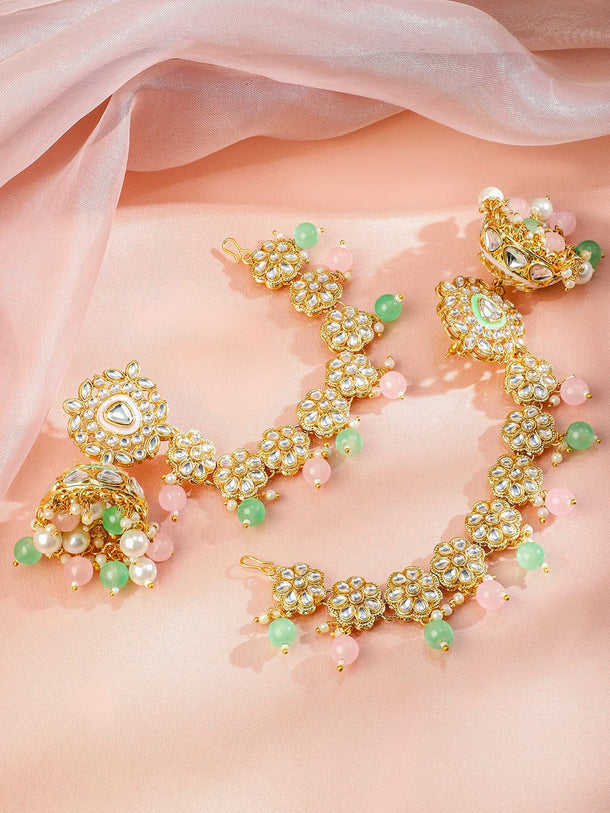 Rubans 22K Gold-Plated White Kundan Kan Chain Earrings with Pastel Green & Pink Pearls Beads and Enamel Detailing Earrings