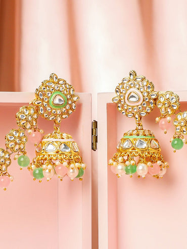 Rubans 22K Gold-Plated White Kundan Kan Chain Earrings with Pastel Green & Pink Pearls Beads and Enamel Detailing Earrings