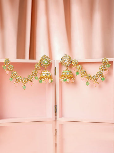Rubans 22K Gold-Plated White Kundan Kan Chain Earrings with Pastel Green & Pink Pearls Beads and Enamel Detailing Earrings