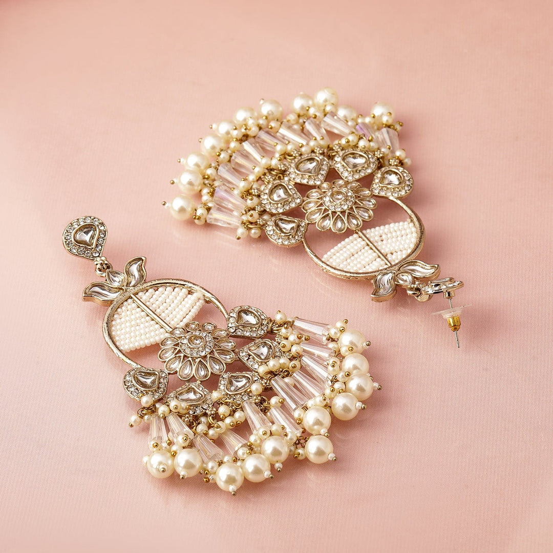 Rubans 22K Gold-Plated White Kundan & Pearl Beaded Chandbali Earrings with Floral Motif Chandbali Earrings