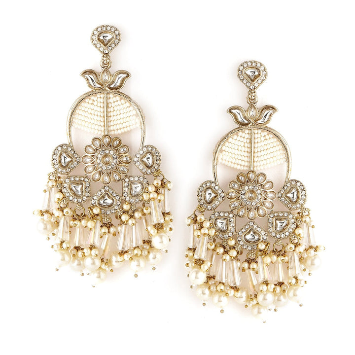 Rubans 22K Gold-Plated White Kundan & Pearl Beaded Chandbali Earrings with Floral Motif Chandbali Earrings