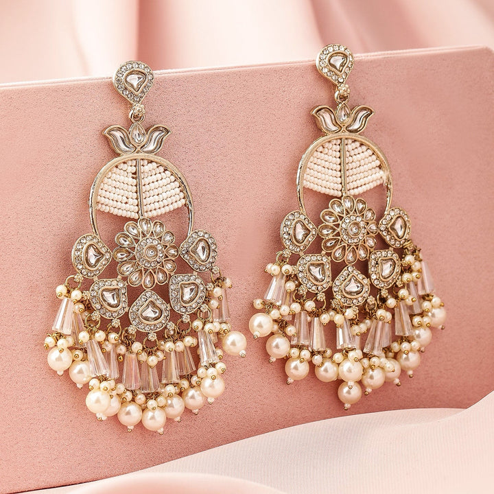 Rubans 22K Gold-Plated White Kundan & Pearl Beaded Chandbali Earrings with Floral Motif Chandbali Earrings