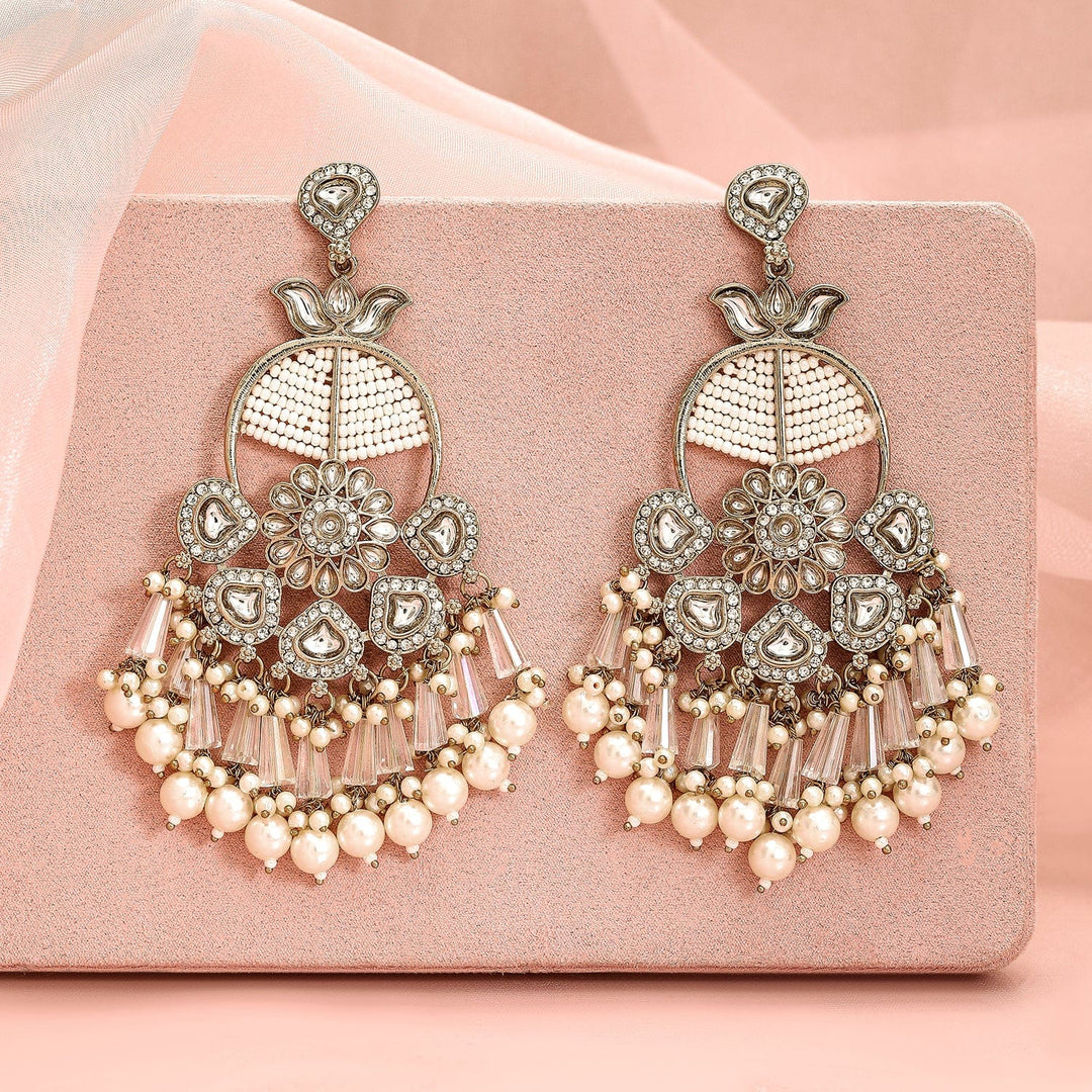 Rubans 22K Gold-Plated White Kundan & Pearl Beaded Chandbali Earrings with Floral Motif Chandbali Earrings