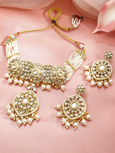 Rubans 22K Gold-Plated White Kundan & Pearl Beaded Handcrafted Bridal Choker Necklace Set Jewellery Set
