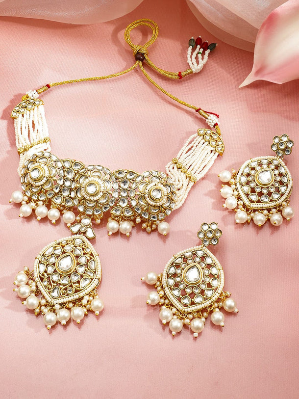 Rubans 22K Gold-Plated White Kundan & Pearl Beaded Handcrafted Bridal Choker Necklace Set Jewellery Set