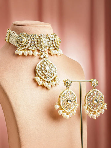 Rubans 22K Gold-Plated White Kundan & Pearl Beaded Handcrafted Bridal Choker Necklace Set Jewellery Set