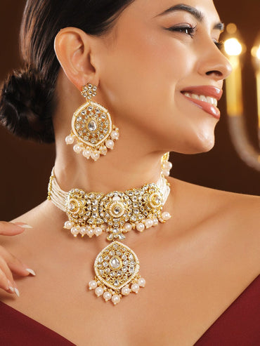 Rubans 22K Gold-Plated White Kundan & Pearl Beaded Handcrafted Bridal Choker Necklace Set Jewellery Set