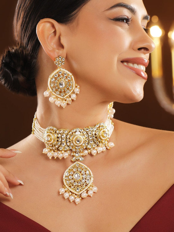 Rubans 22K Gold-Plated White Kundan & Pearl Beaded Handcrafted Bridal Choker Necklace Set Jewellery Set
