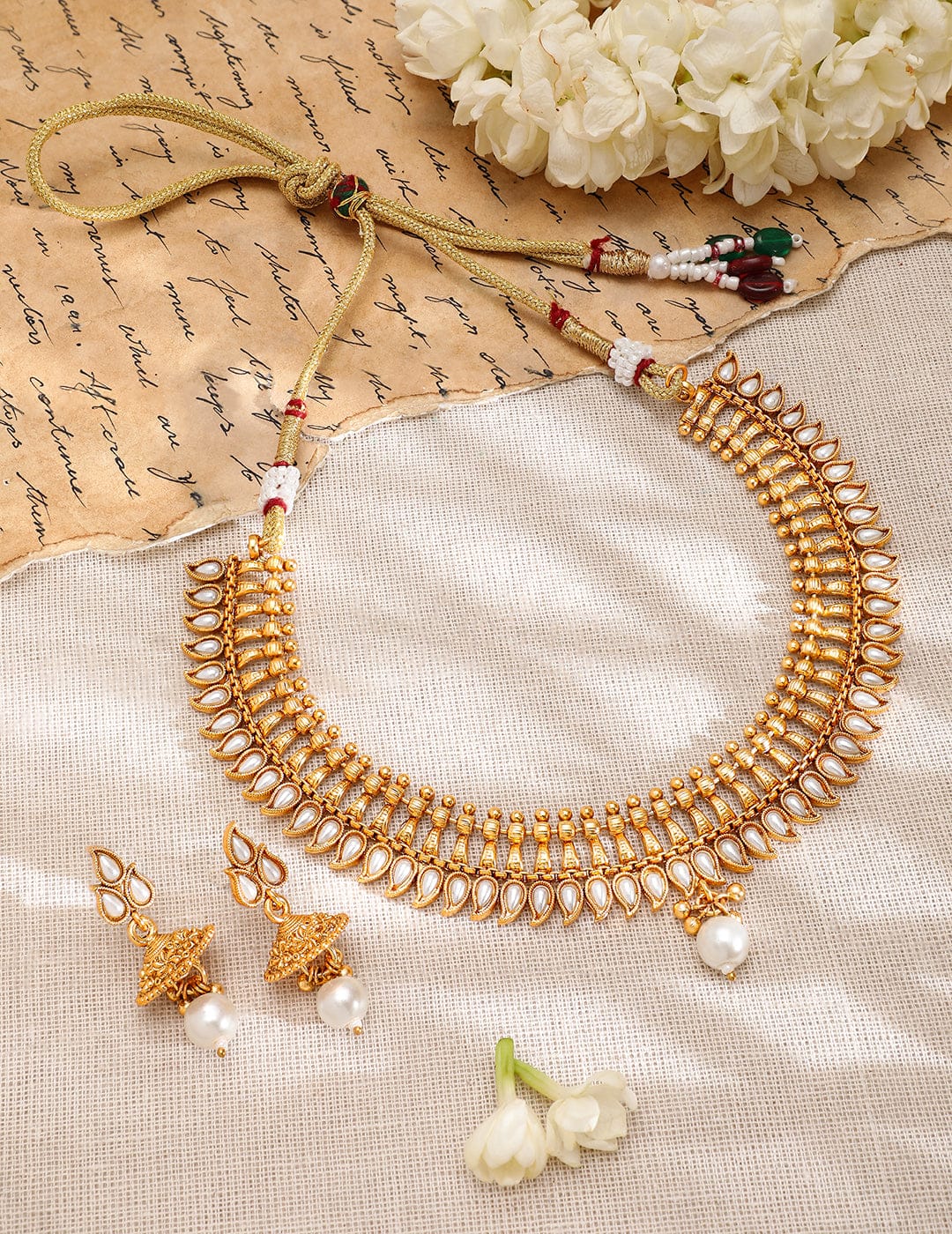 Rubans 22K Gold-Plated White Kundan & Pearl Drop Traditional Jewellery Set Jewellery Set