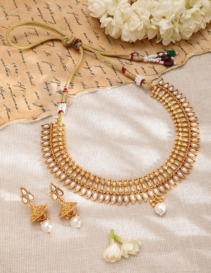 Rubans 22K Gold-Plated White Kundan & Pearl Drop Traditional Jewellery Set Jewellery Set