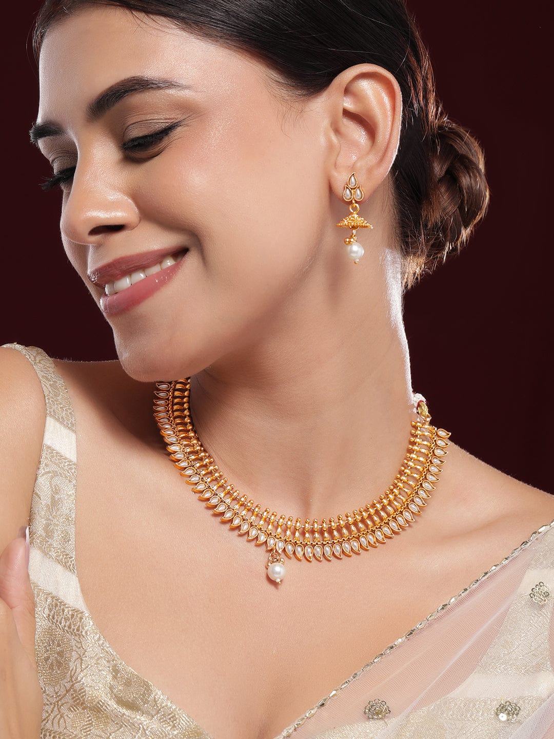 Rubans 22K Gold-Plated White Kundan & Pearl Drop Traditional Jewellery Set Necklace Set