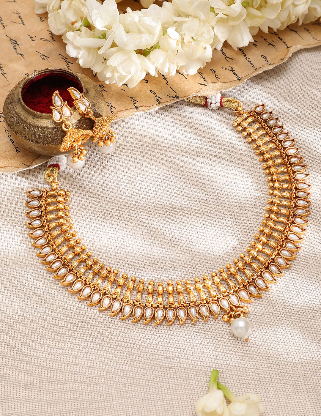 Rubans 22K Gold-Plated White Kundan & Pearl Drop Traditional Jewellery Set Necklace Set