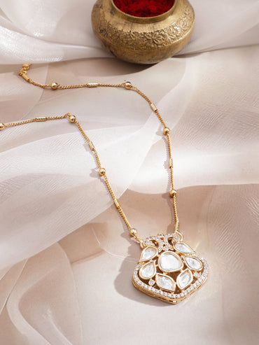 Rubans 22K Gold-Plated White Kundan Pendant Necklace with Cubic Zirconia Accents & Delicate Beaded Chain Necklaces, Necklace Sets, Chains & Mangalsutra