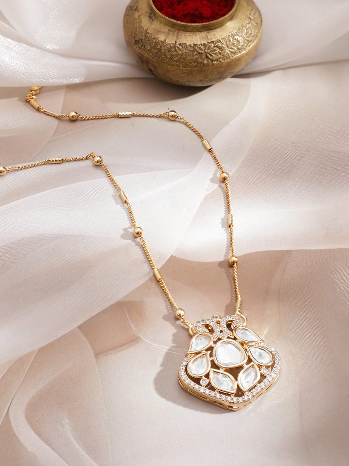 Rubans 22K Gold-Plated White Kundan Pendant Necklace with Cubic Zirconia Accents & Delicate Beaded Chain Necklaces, Necklace Sets, Chains & Mangalsutra