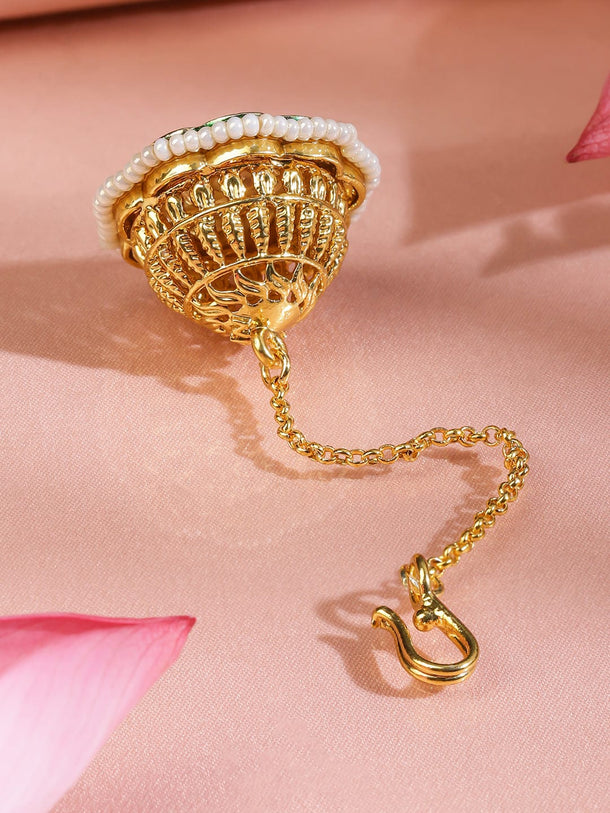 Rubans 22K Gold-Plated White Kundan & Ruby Pink Stone Studded Borla MaangTikka with Pearl Border Head Jewellery