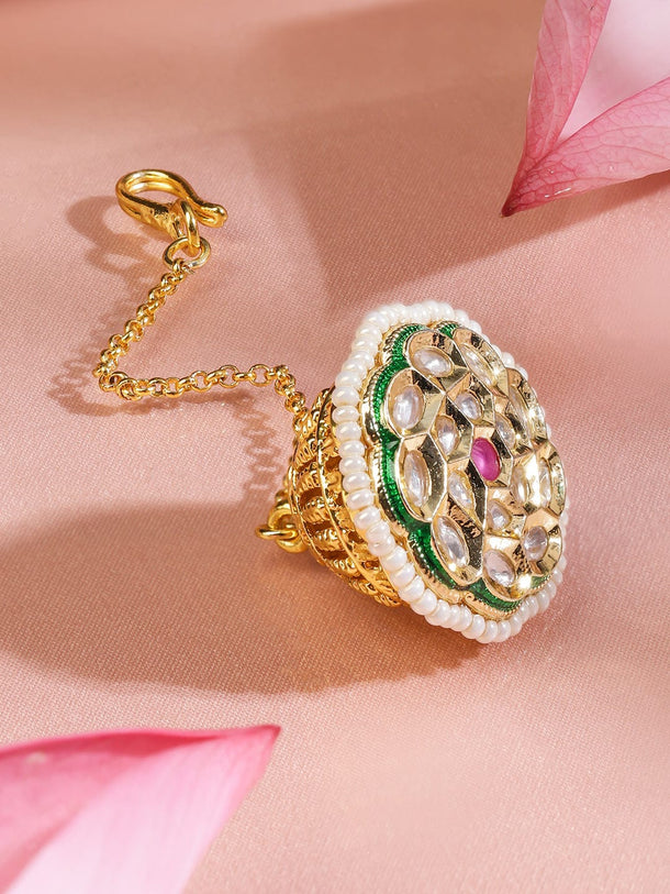 Rubans 22K Gold-Plated White Kundan & Ruby Pink Stone Studded Borla MaangTikka with Pearl Border Head Jewellery