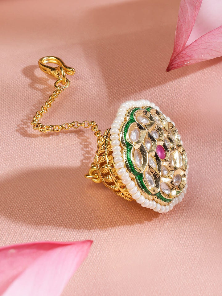 Rubans 22K Gold-Plated White Kundan & Ruby Pink Stone Studded Borla MaangTikka with Pearl Border Head Jewellery
