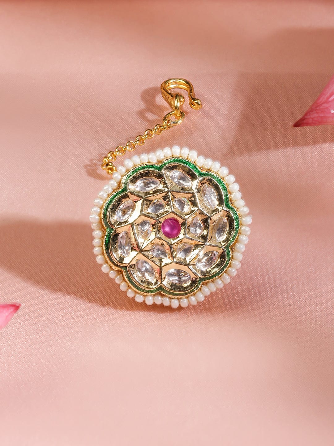 Rubans 22K Gold-Plated White Kundan & Ruby Pink Stone Studded Borla MaangTikka with Pearl Border Maangtikka