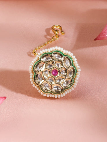 Rubans 22K Gold-Plated White Kundan & Ruby Pink Stone Studded Borla MaangTikka with Pearl Border Maangtikka