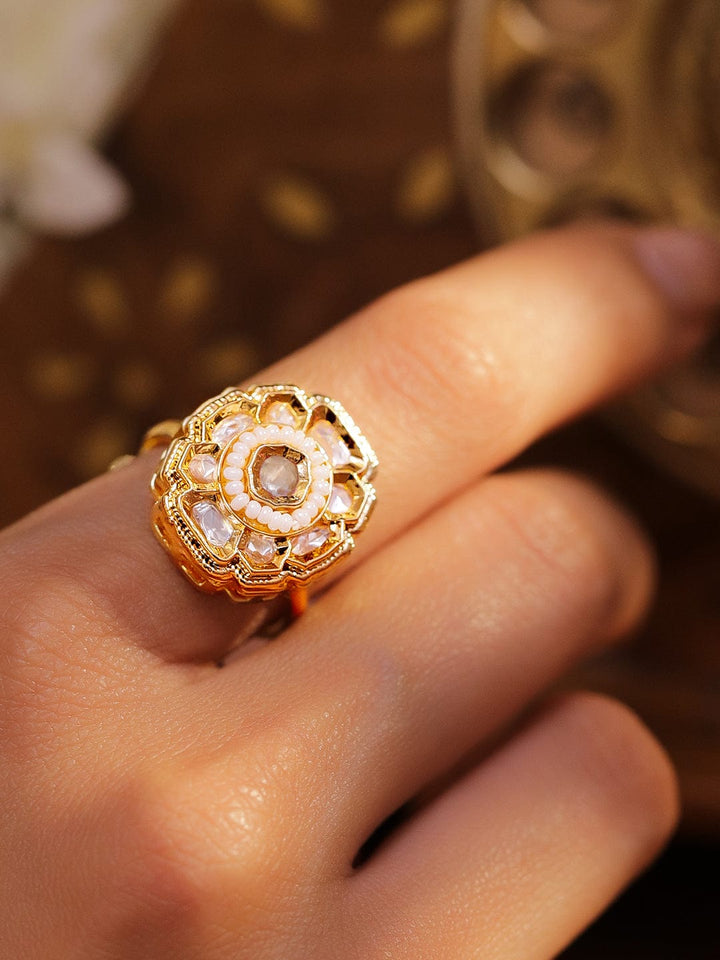 Rubans 22K Gold-Plated White Kundan Stone & Pearl Beaded Floral Adjustable Statement Ring Ring