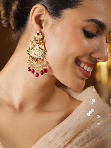Rubans 22K Gold-Plated White Kundan Studded Chandbali Earrings with Pearl & Ruby Red Beads Earrings