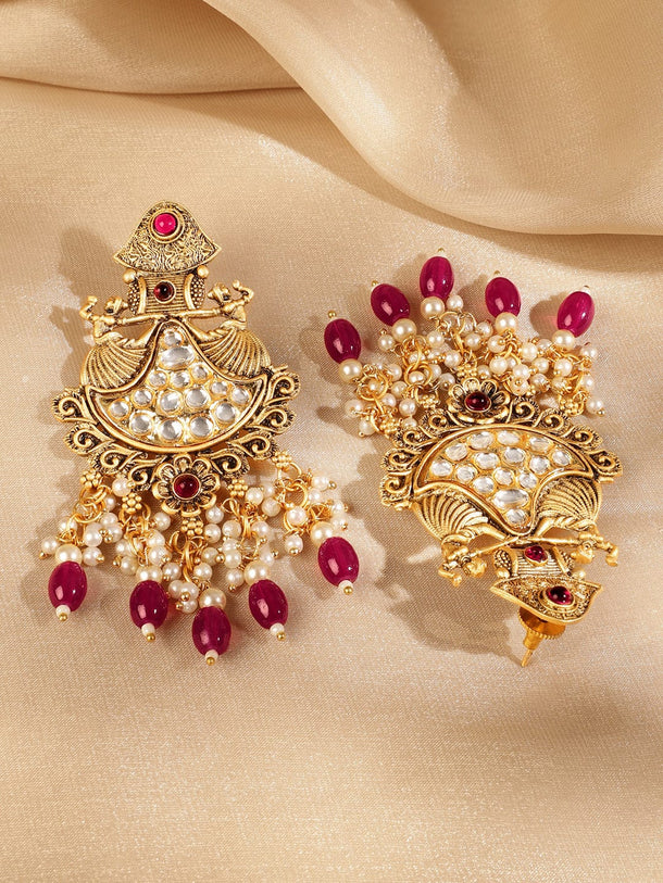 Rubans 22K Gold-Plated White Kundan Studded Chandbali Earrings with Pearl & Ruby Red Beads Earrings