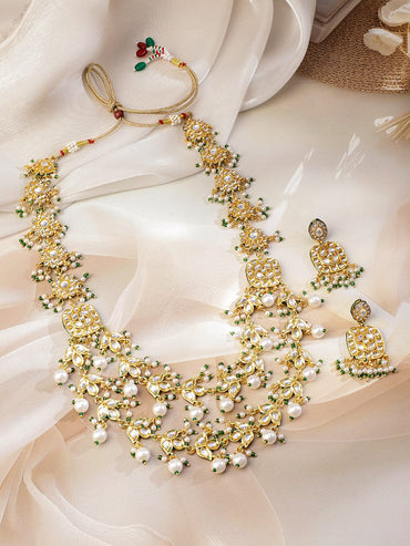 Rubans 22K Gold-Plated White Kundan Studded Green Beaded & Pearl Drop Floral Long Jewelry Set Jewellery Set