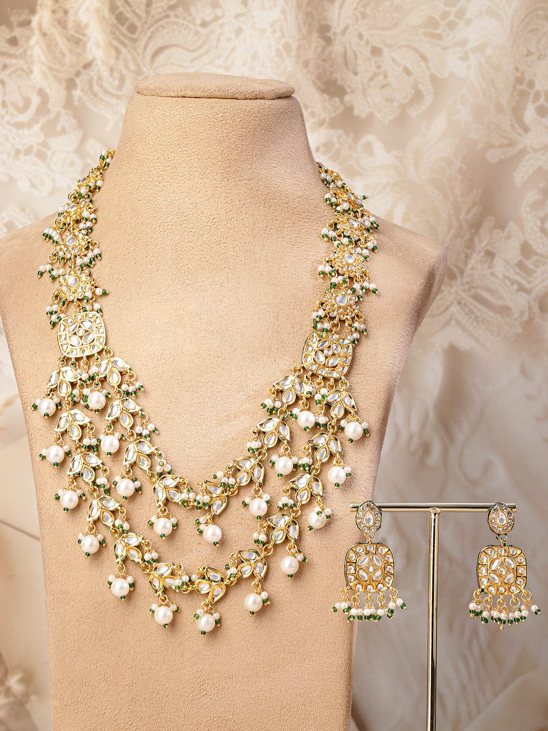 Rubans 22K Gold-Plated White Kundan Studded Green Beaded & Pearl Drop Floral Long Jewelry Set Jewellery Set