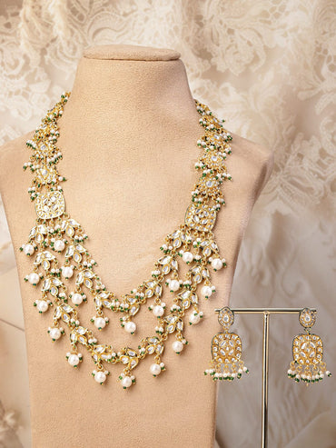 Rubans 22K Gold-Plated White Kundan Studded Green Beaded & Pearl Drop Floral Long Jewelry Set Jewellery Set