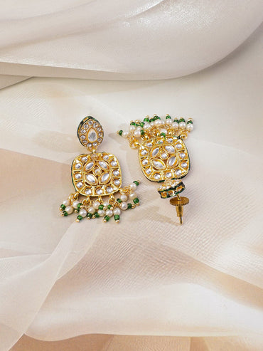 Rubans 22K Gold-Plated White Kundan Studded Green Beaded & Pearl Drop Floral Long Jewelry Set Jewellery Set