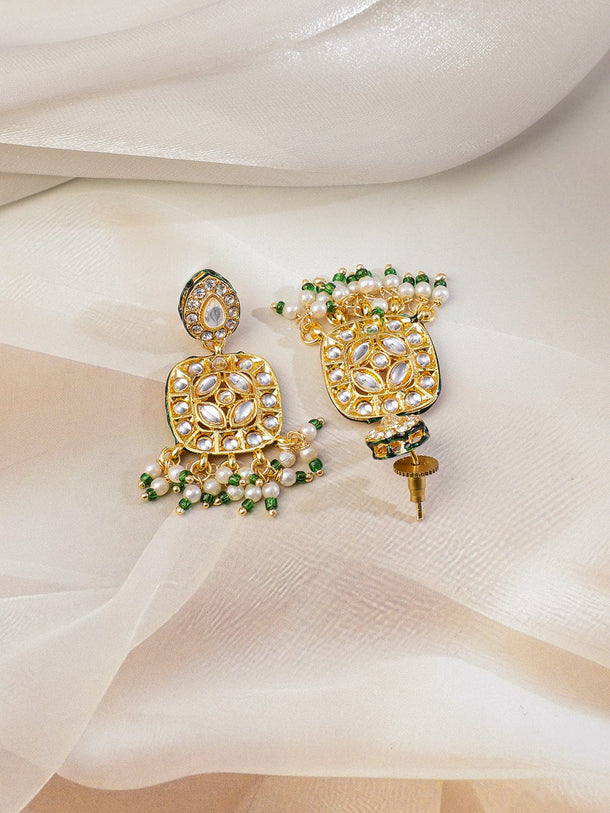 Rubans 22K Gold-Plated White Kundan Studded Green Beaded & Pearl Drop Floral Long Jewelry Set Jewellery Set