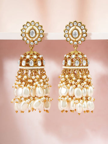 Rubans 22K Gold-Plated White Kundan Studded Handcrafted Dome Jhumkas with Off-White Layered Pearl Beads Jhumka Earrings
