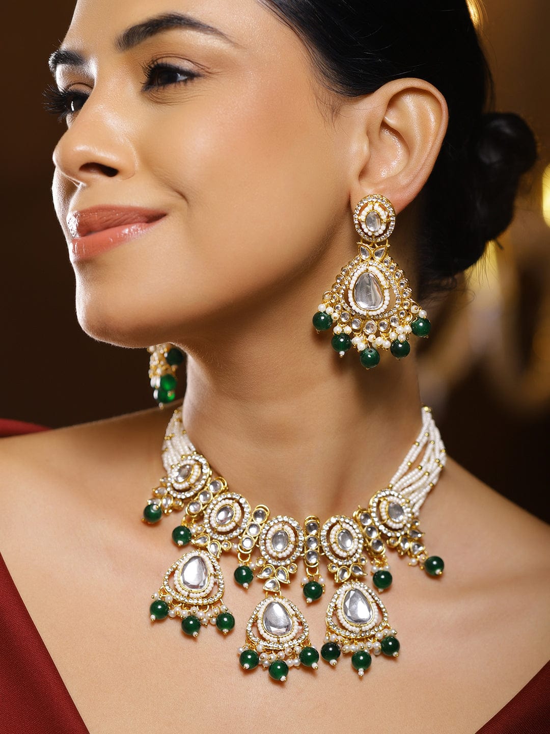 Rubans 22K Gold-Plated White Kundan Studded Handcrafted Necklace Set with Green Beads Necklace Sets