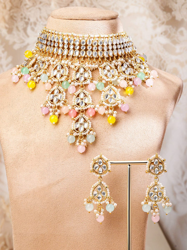 Rubans 22K Gold-Plated White Kundan Studded & Pastel Multicolor Pearls Beaded Choker Necklace Set Jewellery Set