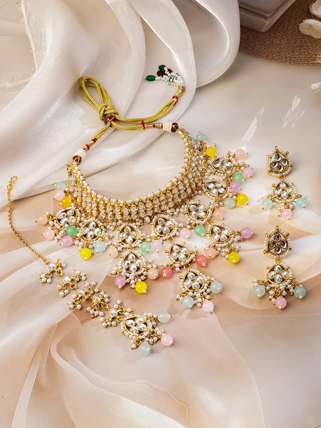 Rubans 22K Gold-Plated White Kundan Studded & Pastel Multicolor Pearls Beaded Choker Necklace Set Jewellery Set