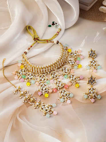 Rubans 22K Gold-Plated White Kundan Studded & Pastel Multicolor Pearls Beaded Choker Necklace Set Jewellery Set