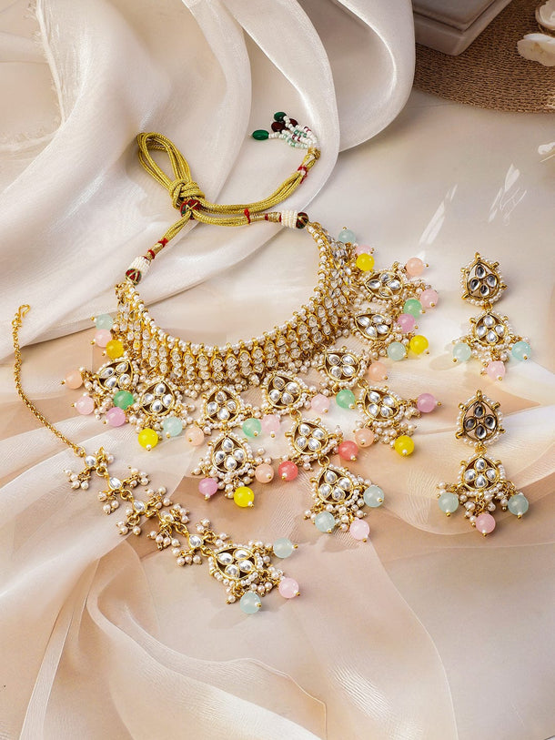 Rubans 22K Gold-Plated White Kundan Studded & Pastel Multicolor Pearls Beaded Choker Necklace Set Jewellery Set