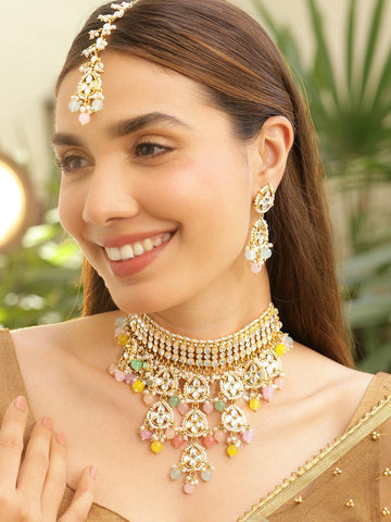 Rubans 22K Gold-Plated White Kundan Studded & Pastel Multicolor Pearls Beaded Choker Necklace Set Necklace Set