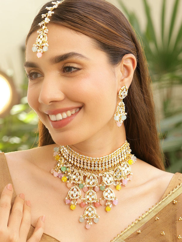 Rubans 22K Gold-Plated White Kundan Studded & Pastel Multicolor Pearls Beaded Choker Necklace Set Necklace Set