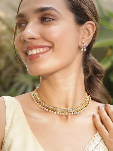 Rubans 22K Gold-Plated White Kundan Studded & Pearl Beaded Handcrafted Jewellery Set Jewellery Set