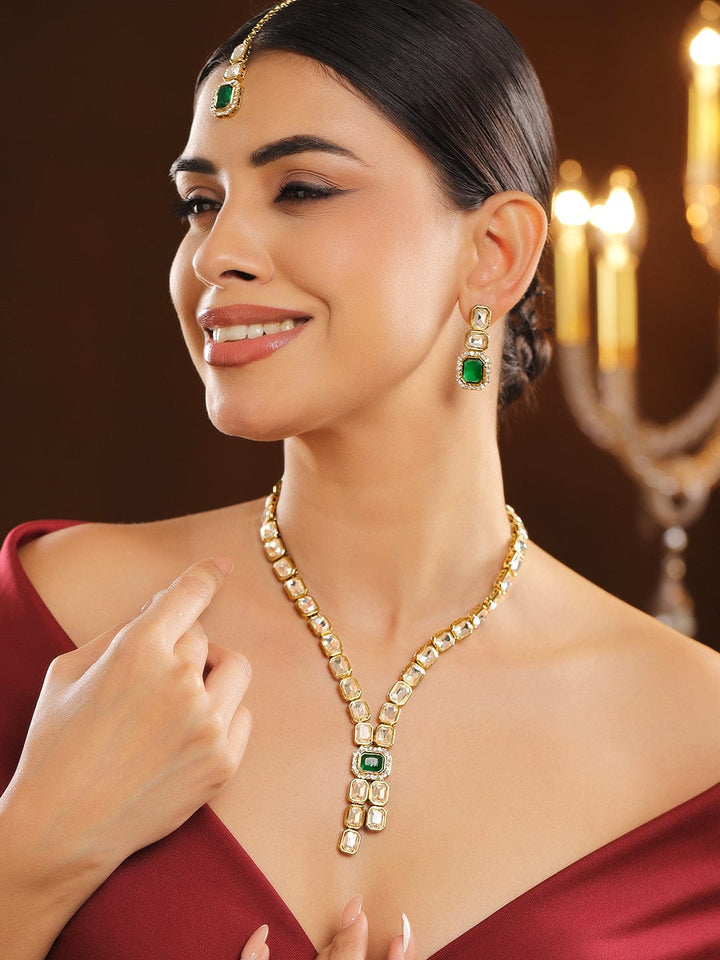 Rubans 22K Gold-Plated White Kundan Studded V-Shaped Necklace Set with Emerald Green Center Stone Jewellery Set