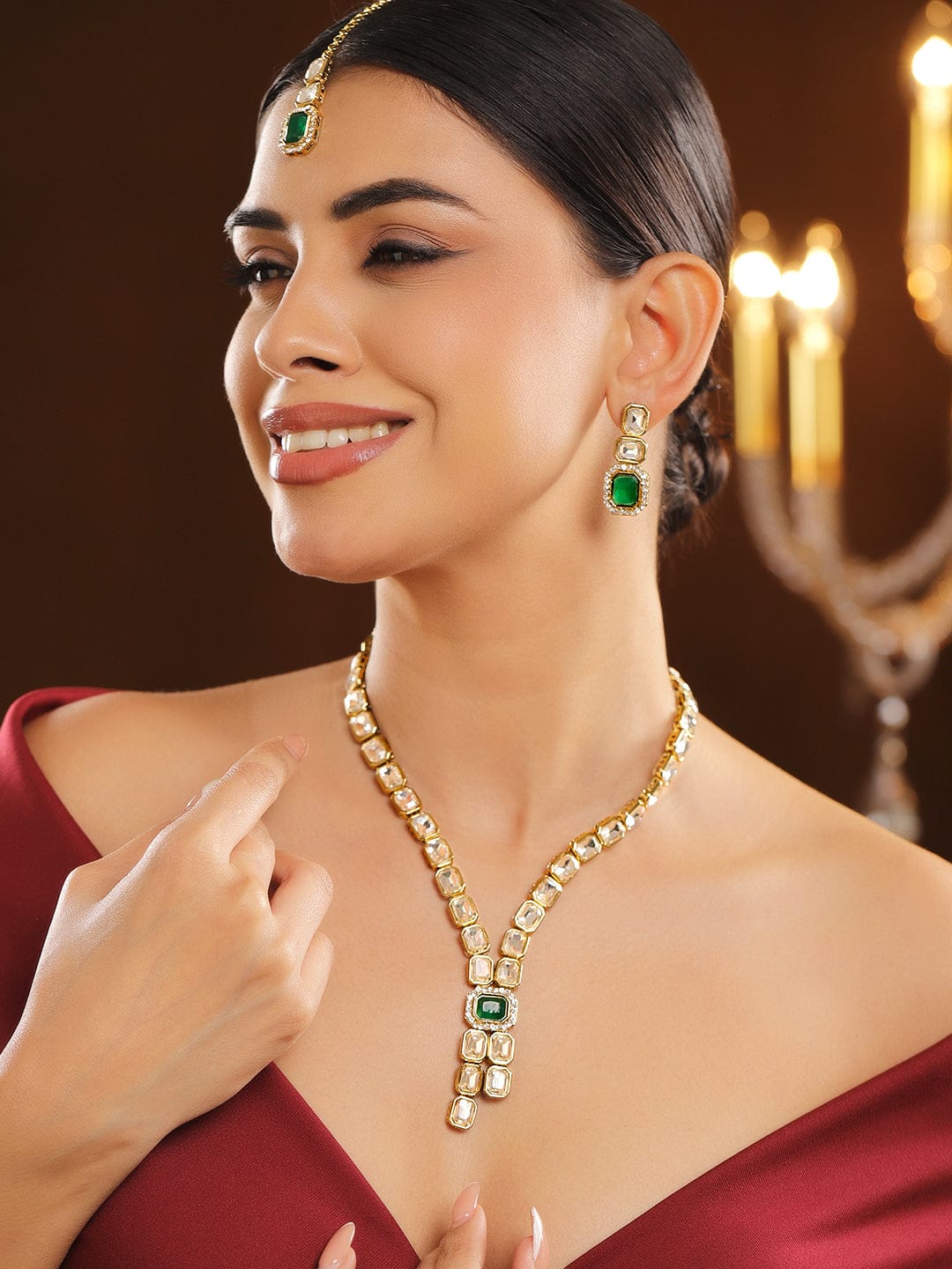 Rubans 22K Gold-Plated White Kundan Studded V-Shaped Necklace Set with Emerald Green Center Stone Jewellery Set