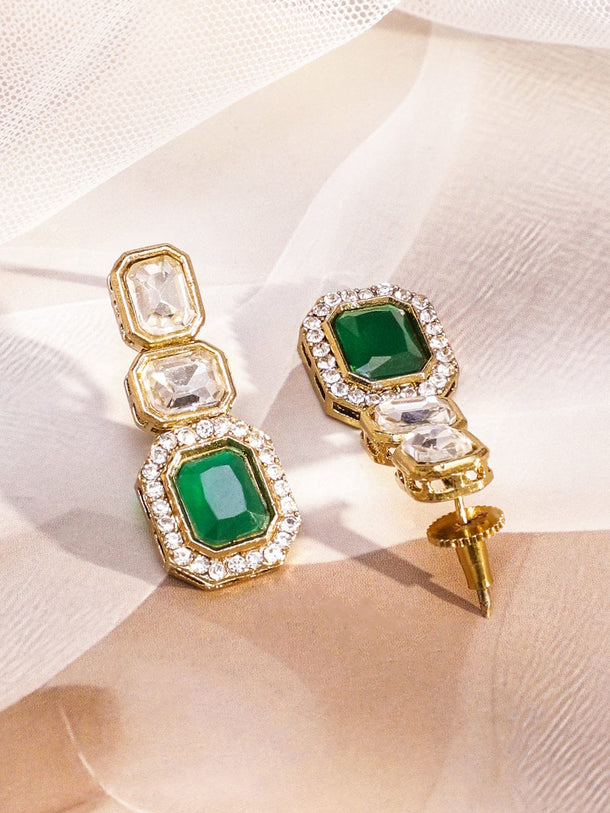 Rubans 22K Gold-Plated White Kundan Studded V-Shaped Necklace Set with Emerald Green Center Stone Jewellery Set