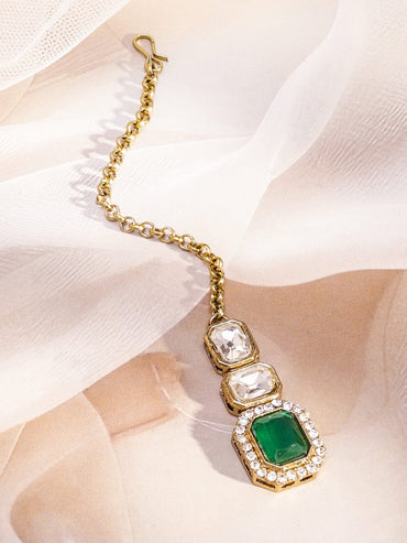 Rubans 22K Gold-Plated White Kundan Studded V-Shaped Necklace Set with Emerald Green Center Stone Jewellery Set