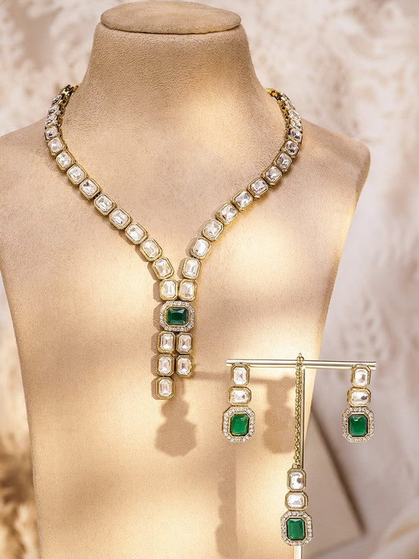 Rubans 22K Gold-Plated White Kundan Studded V-Shaped Necklace Set with Emerald Green Center Stone Jewellery Set