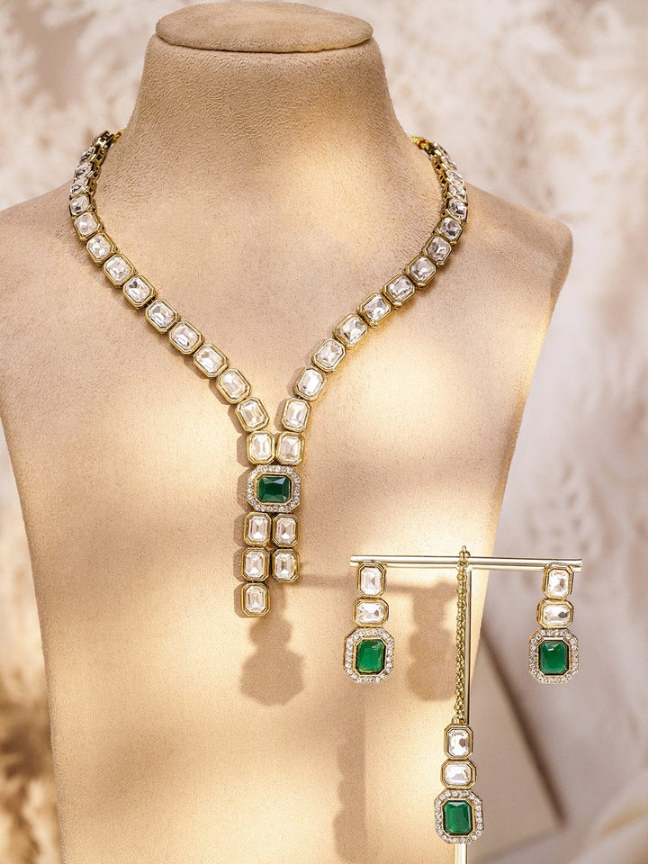 Rubans 22K Gold-Plated White Kundan Studded V-Shaped Necklace Set with Emerald Green Center Stone Jewellery Set