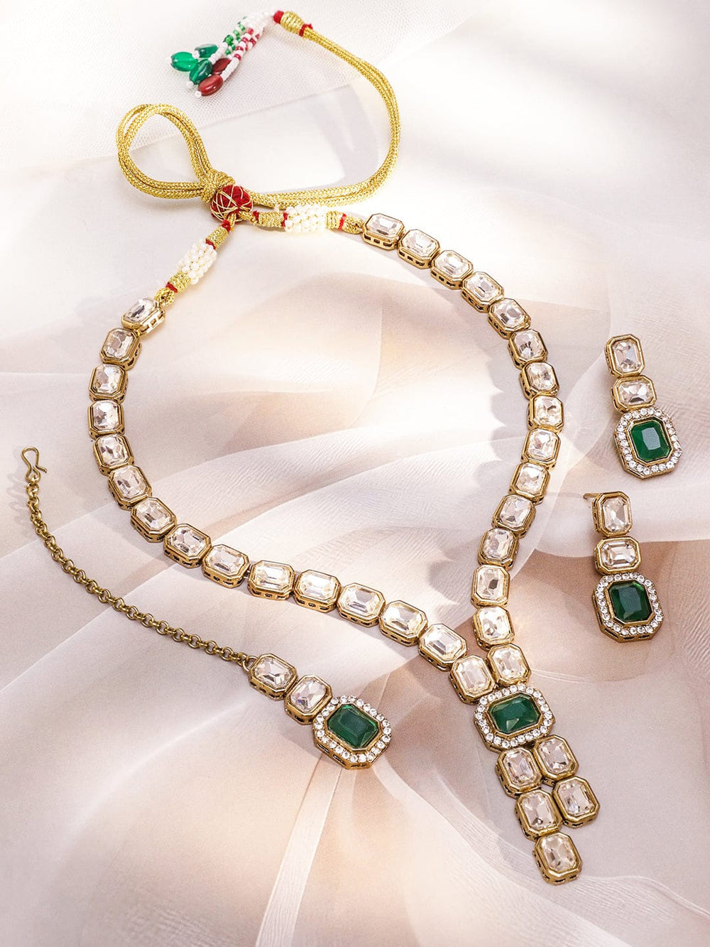 Rubans 22K Gold-Plated White Kundan Studded V-Shaped Necklace Set with Emerald Green Center Stone Jewellery Set