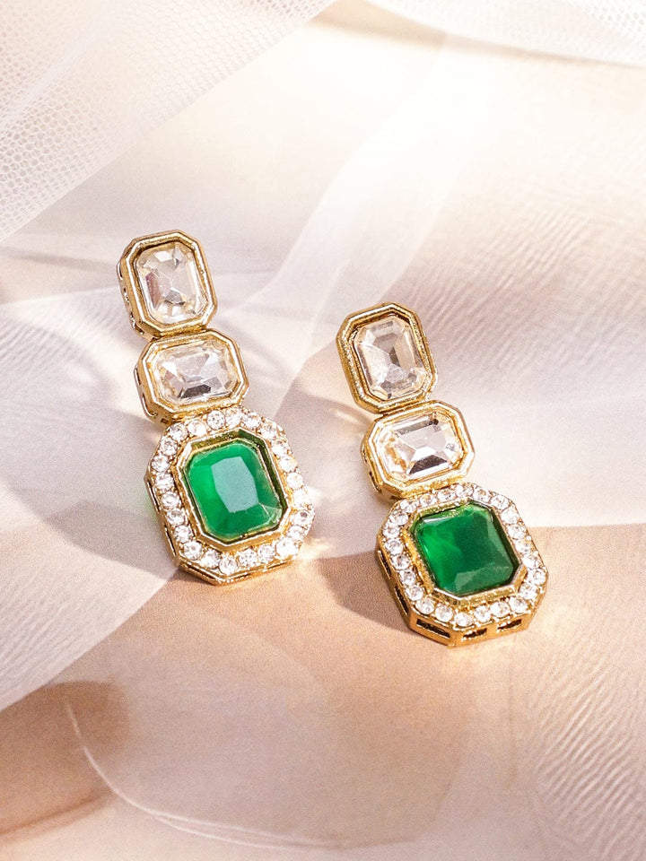 Rubans 22K Gold-Plated White Kundan Studded V-Shaped Necklace Set with Emerald Green Center Stone Jewellery Set