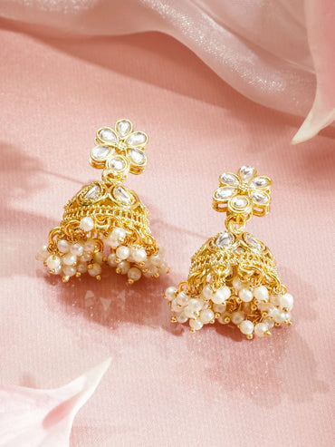 Rubans 22K Gold-Plated White Kundan Studded with Glossy Pearl Cluster Floral Necklace Set Jewellery Set