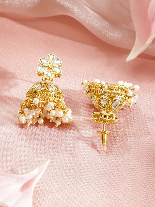 Rubans 22K Gold-Plated White Kundan Studded with Glossy Pearl Cluster Floral Necklace Set Jewellery Set